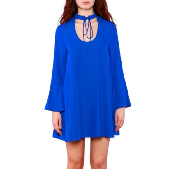 Amanda Uprichard Amherst Choker Tie Neck Bell Sleeve Mini Dress Royal Blue Small - Picture 1 of 13